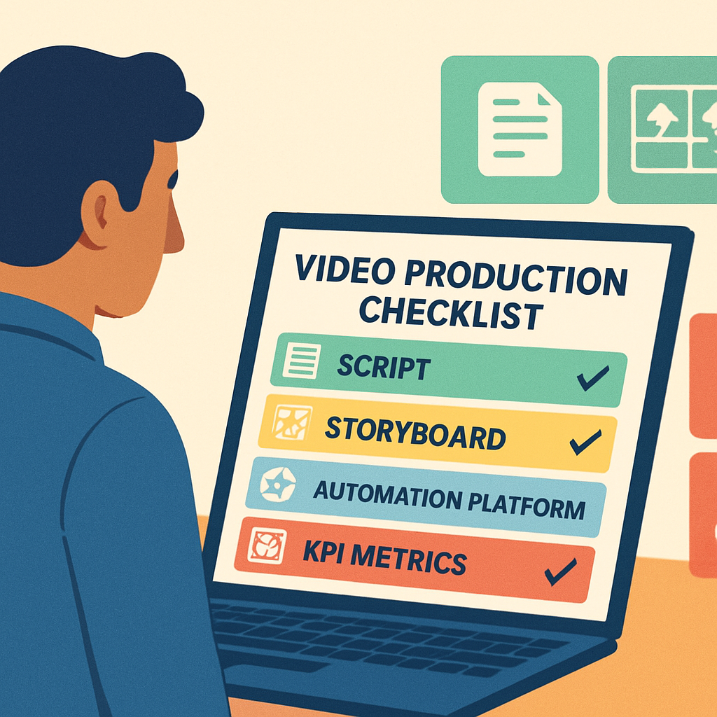Illustration of a SaaS founder looking at a clean, colour‑coded video production checklist on a laptop screen, with icons representing script, storyboard, automation platform, and KPI metrics, highlighting the streamlined workflow of a framework‑based video system. Alt: Diagram of a framework‑based SaaS video marketing workflow showing script, storyboard, automation, and results.