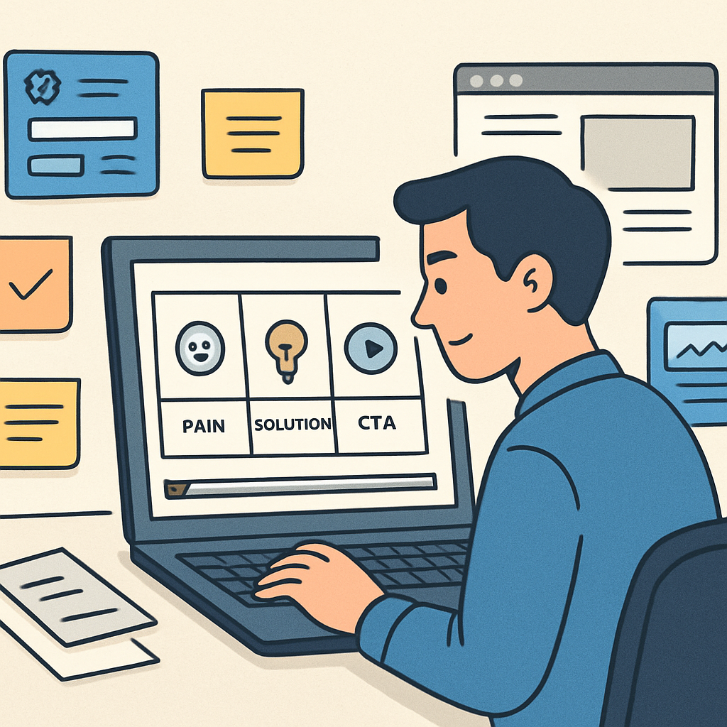 An illustration showing a SaaS product manager reviewing a three‑part video storyboard (pain, solution, CTA) on a laptop, with sticky notes and UI screenshots scattered around, conveying video marketing B2B workflow. Alt: SaaS founder and product manager using structured video framework.