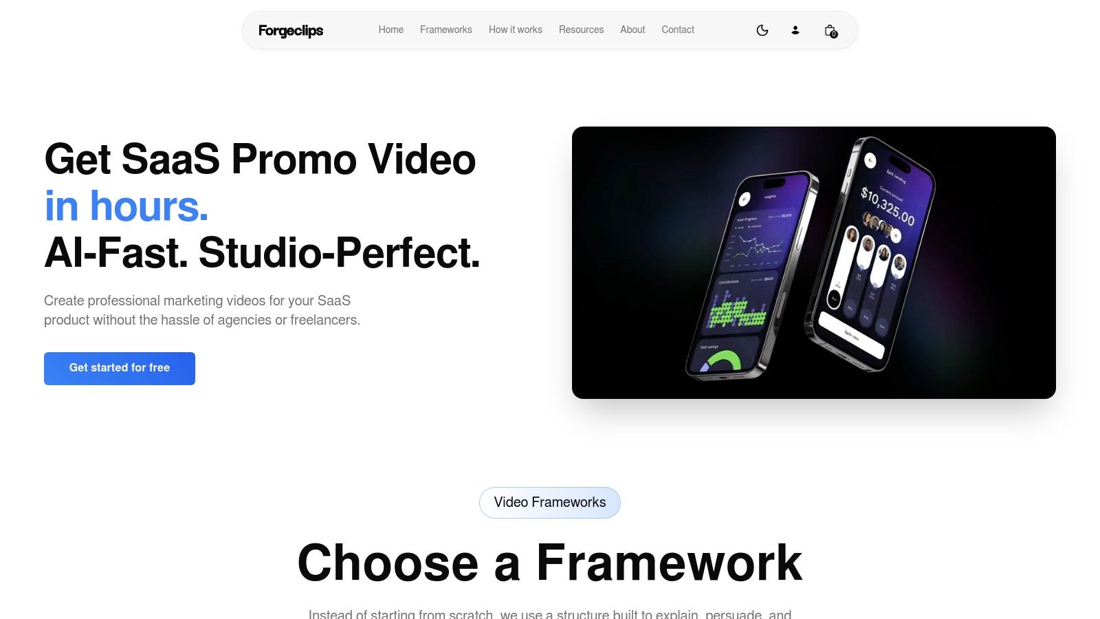 Forgeclips SaaS landing page displaying high-converting product video frameworks and AI powered video creation examples