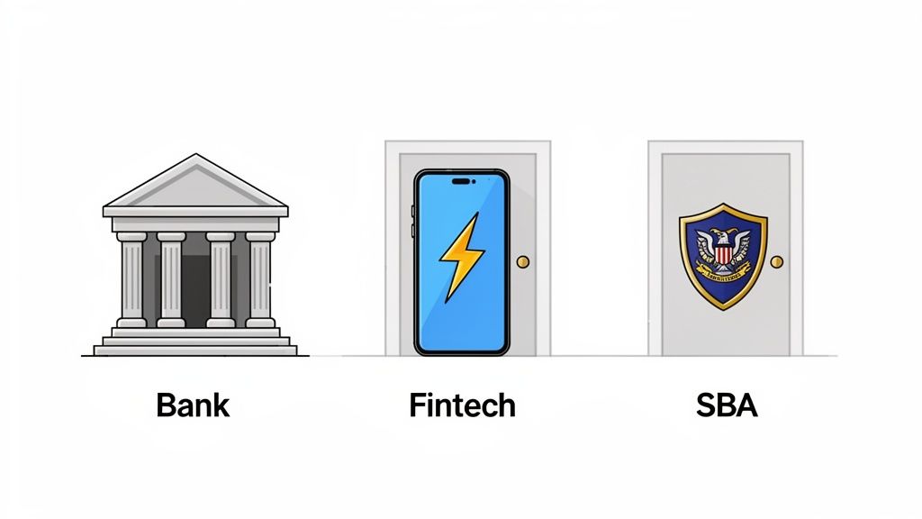 Diagram showing Bank building, a Fintech smartphone in a door, and an SBA shield on a door.