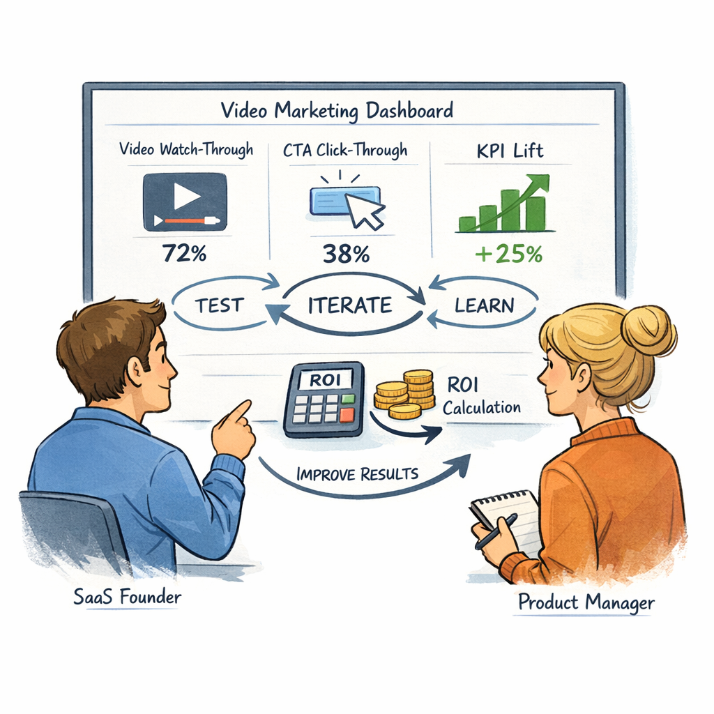 Illustration of a SaaS founder and product manager reviewing a simple dashboard that shows video watch‑through, CTA click‑through, and a single KPI lift, with arrows indicating iteration loops and ROI calculation, styled as a clean hand‑drawn digital illustration. Alt: Video marketing ROI dashboard with metrics and iteration cycle.