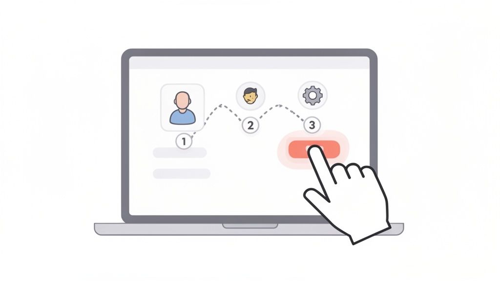A laptop displays a three-step digital workflow with user icons, numbers, and a hand clicking a button.