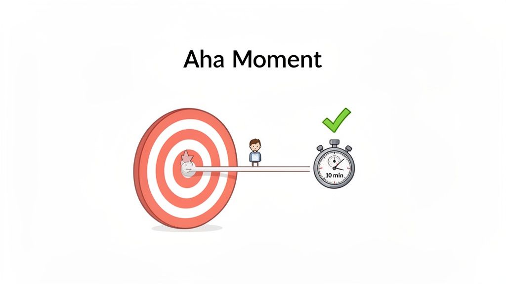 A graphic depicting an 'Aha Moment' with a person on a path from a target to a stopwatch showing 10 min, marked with a green check.