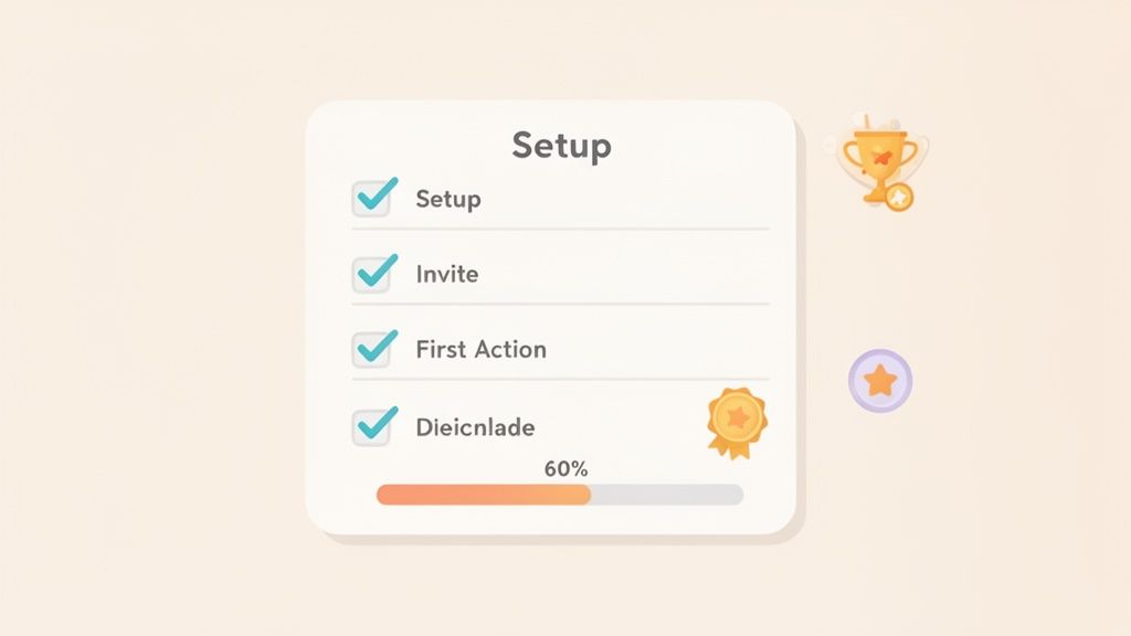 A user interface displaying a 'Setup' checklist with four completed steps, 60% progress, and achievement icons.