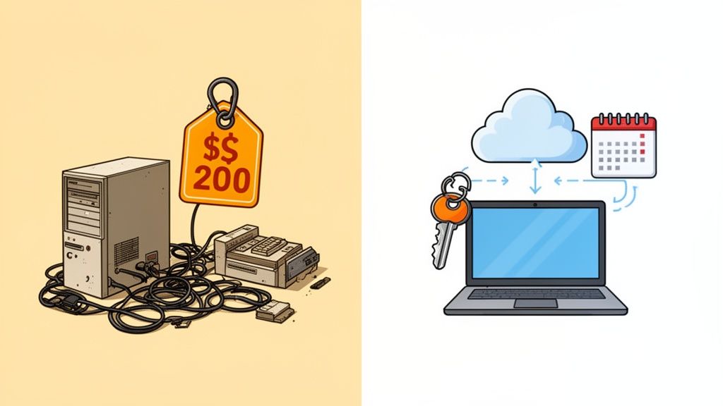 A visual comparison of traditional computer hardware versus modern cloud-based software as a service.