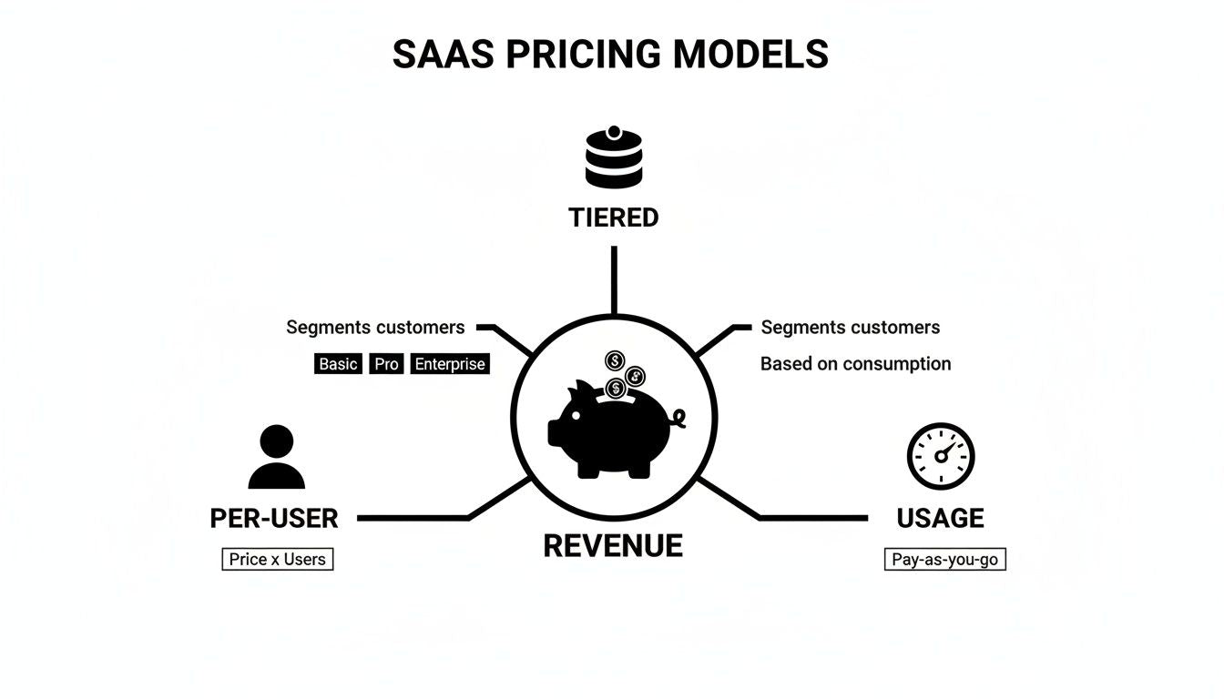 A diagram illustrating different SaaS pricing models: Tiered, Per-User, and Usage-based strategies for revenue.