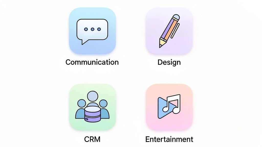 Four colorful app icons representing communication, design, CRM, and entertainment categories on a white background.