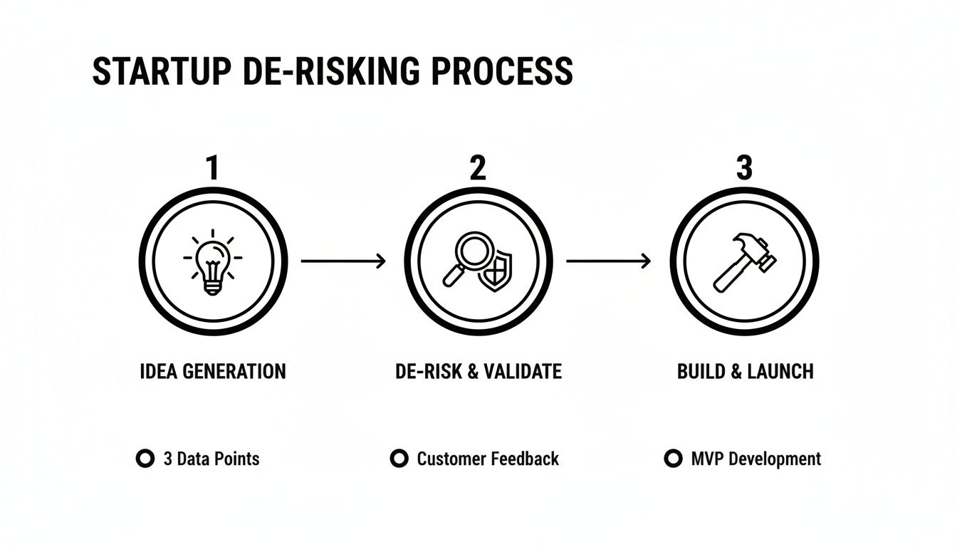 Diagram illustrating a three-step startup de-risking process from idea generation to build and launch.