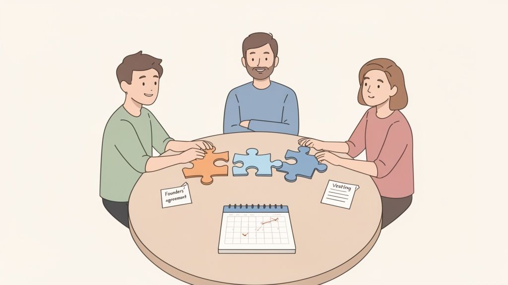 Three founders collaborate at a table, assembling puzzle pieces, discussing a founders' agreement and vesting.