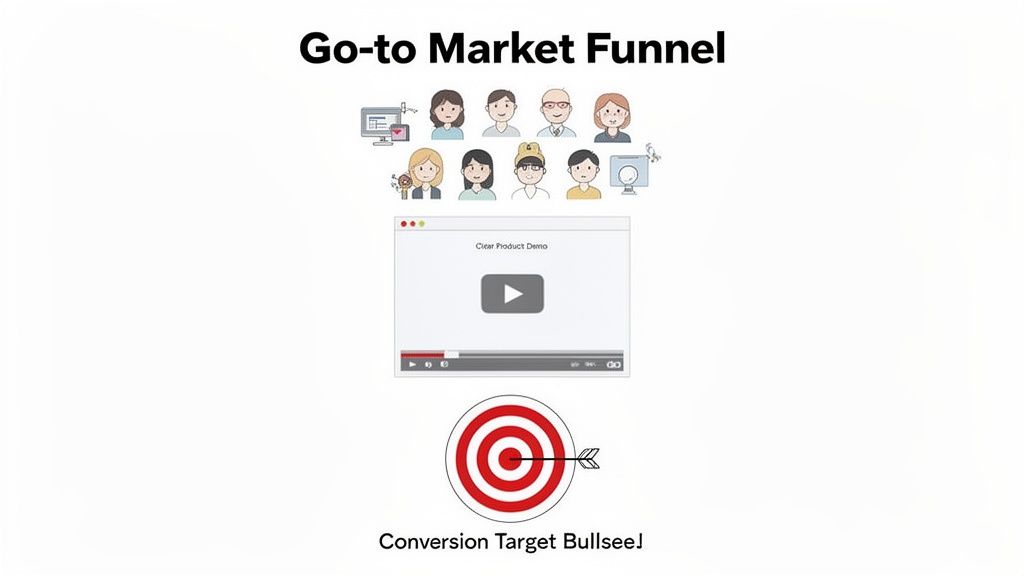 Illustration of a go-to-market funnel with diverse audience, product demo video, and a conversion target.