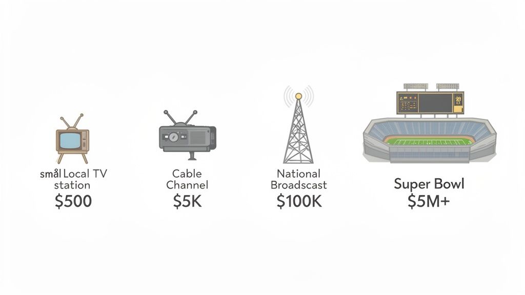 An illustration comparing the cost of television advertising across various platforms, from local TV to the Super Bowl.