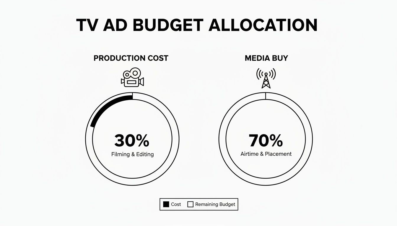 Infographic showing TV ad budget allocation: 30% for production cost and 70% for media buy.