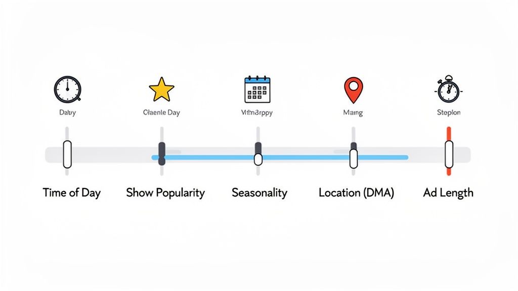 Sliders visually adjusting ad targeting parameters for time, popularity, seasonality, location, and ad length.
