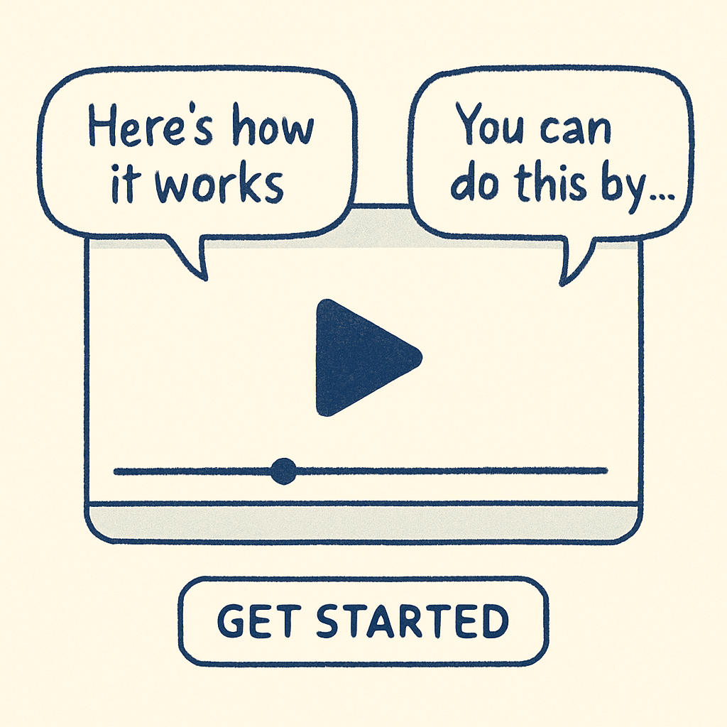 An illustration of a software demo video screen with caption bubbles and a visible CTA button overlay, styled in a clean, hand‑drawn illustration tone, appealing to SaaS founders and product managers. Alt: Captioned software demo video with call to action.