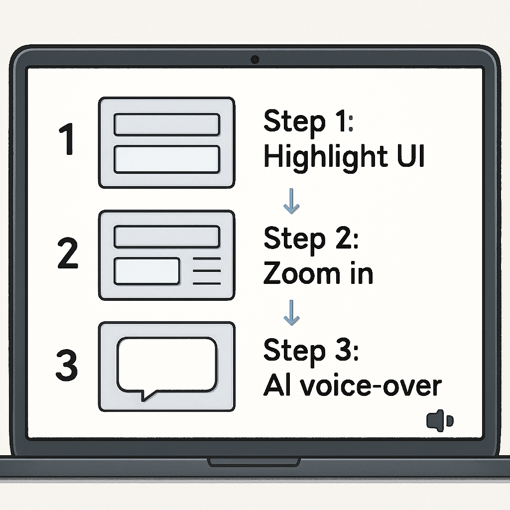 A sleek laptop screen displaying a three‑step product demo video storyboard with UI highlights, zoom arrows, and a tiny speaker icon indicating AI voice‑over. Alt: product demo video storyboard with structured steps