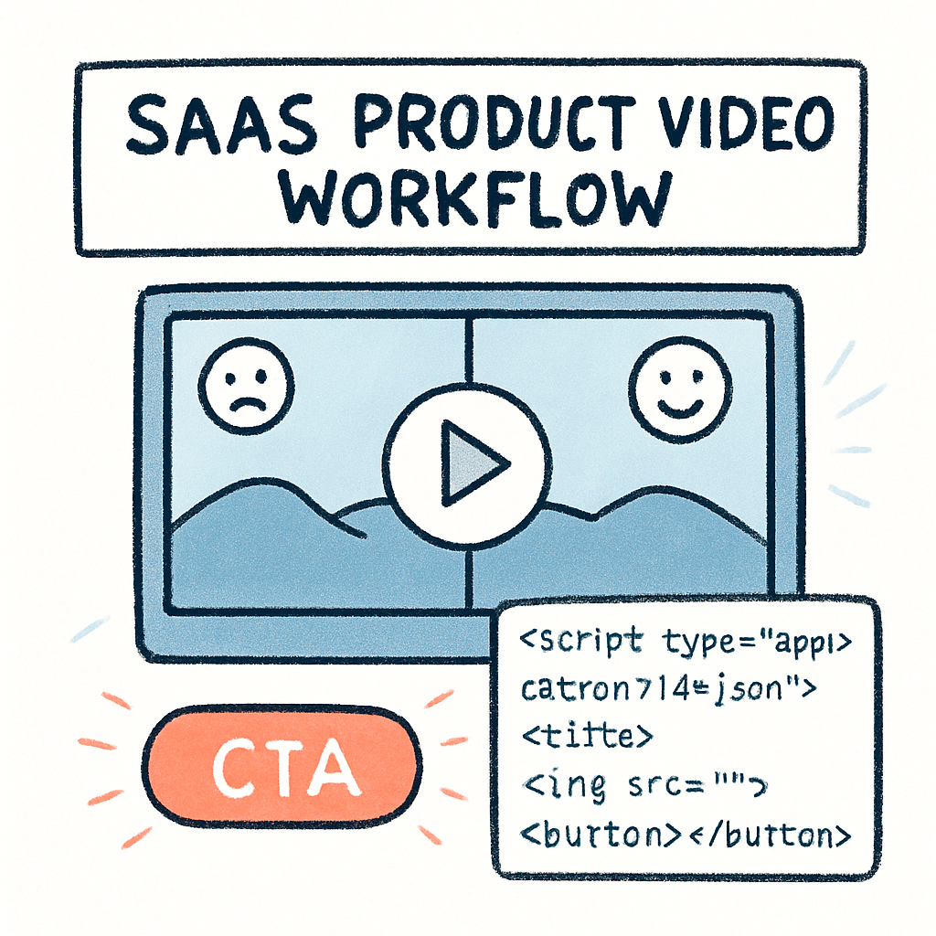 Hand‑drawn illustration of a SaaS product video workflow, showing a thumbnail with before‑after split, CTA button pulsing, and a snippet of schema markup code overlay, style: illustration, targeting SaaS founders and product managers.