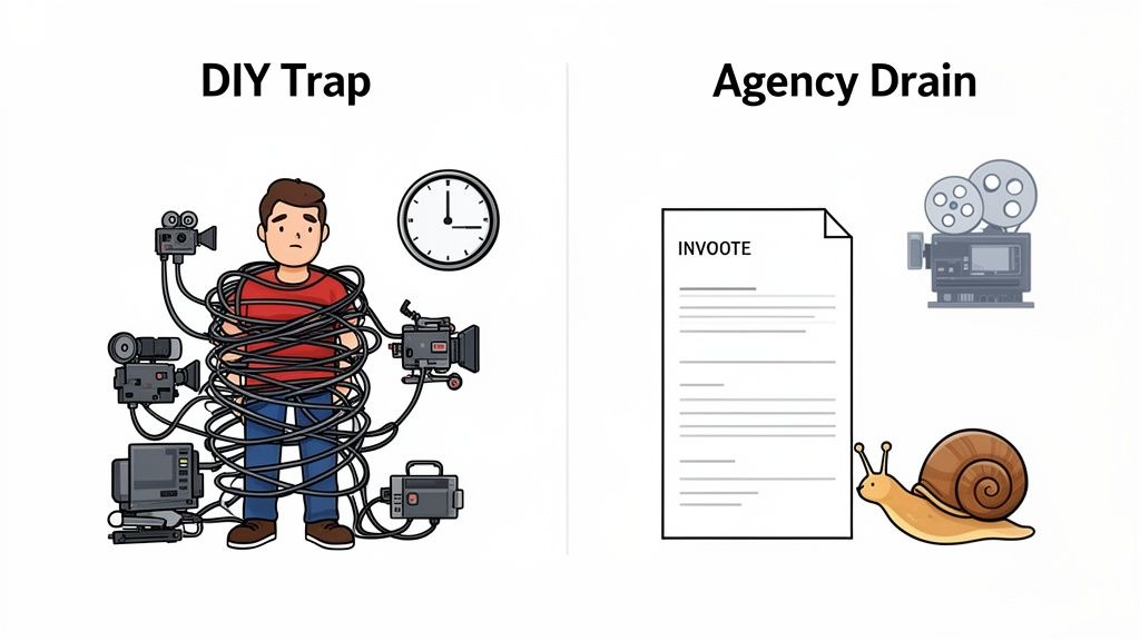 Illustration comparing the complexities of DIY video production versus the costs and slow pace of agency services.