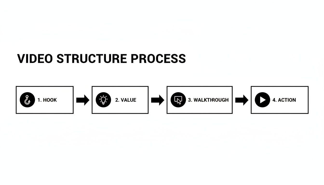 A flowchart outlining the video structure process with four steps: Hook, Value, Walkthrough, and Action.