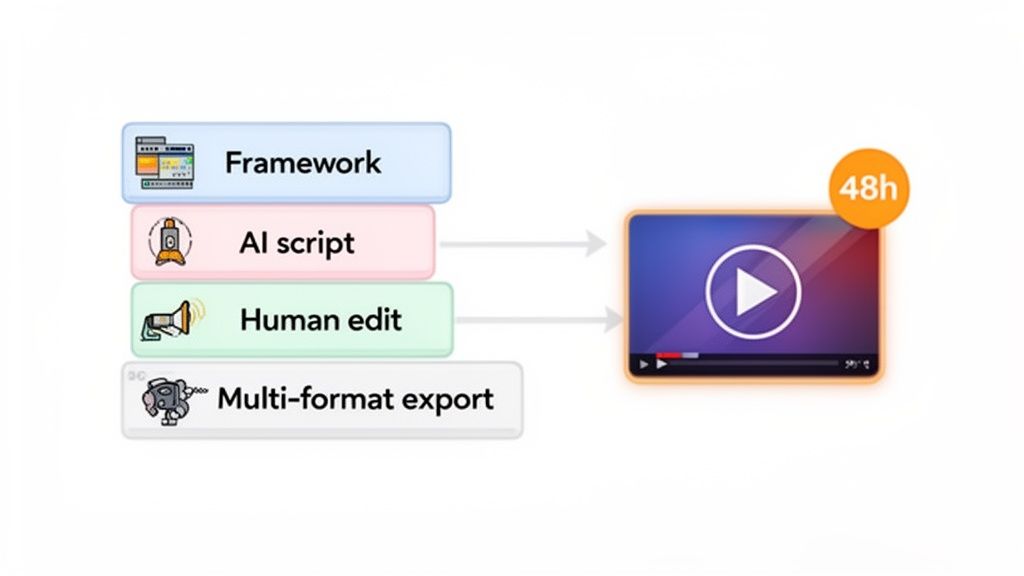 Workflow diagram illustrating a video creation process from AI script to human editing and final export within 48 hours.