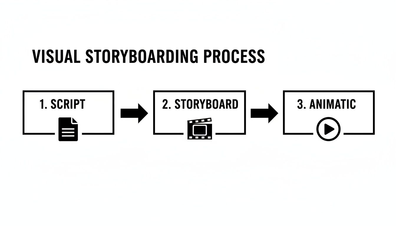 Storyboard-to-animatic process diagram showing the steps from script to storyboard to animatic edit.