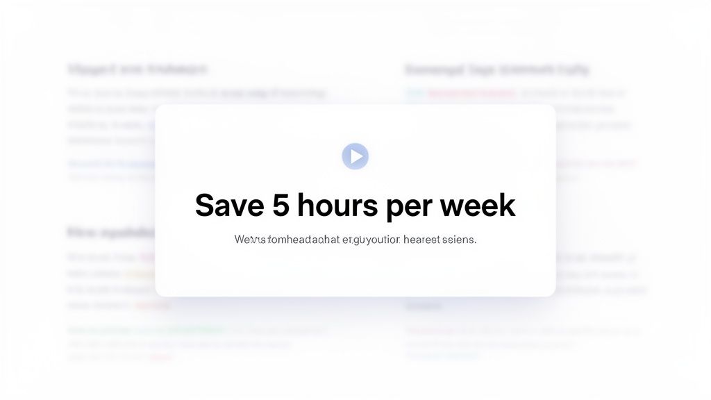 A white pop-up card on a blurred webpage displays a play button and the text 'Save 5 hours per week'.