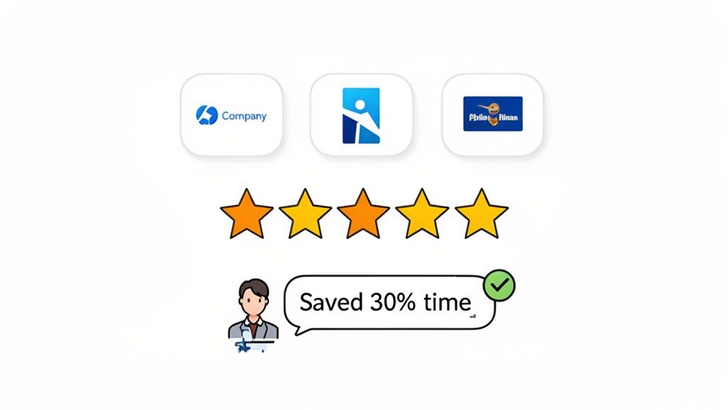 Three company logos, five stars, and a person with a speech bubble saying 'Saved 30% time' indicating positive feedback.