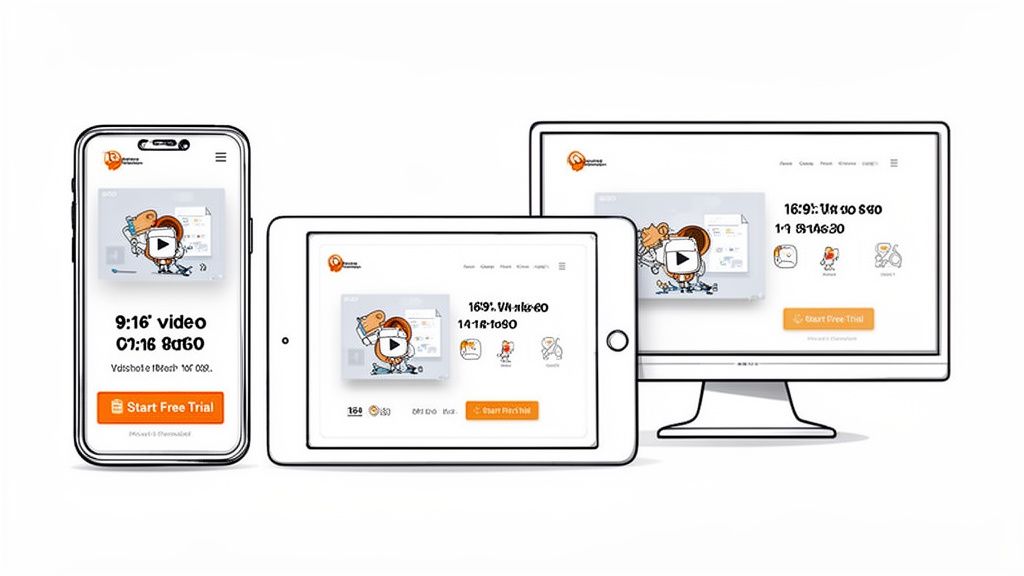 A multi-device display of a digital platform's interface featuring a 'Start Free Trial' button.