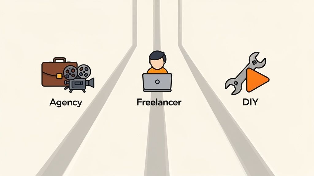 Common paths to produce landing page videos: agency, freelancer, or DIY tools.