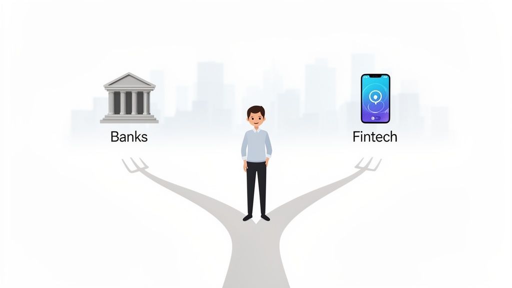 A person stands at a fork in the road, choosing between traditional banks and modern fintech solutions.