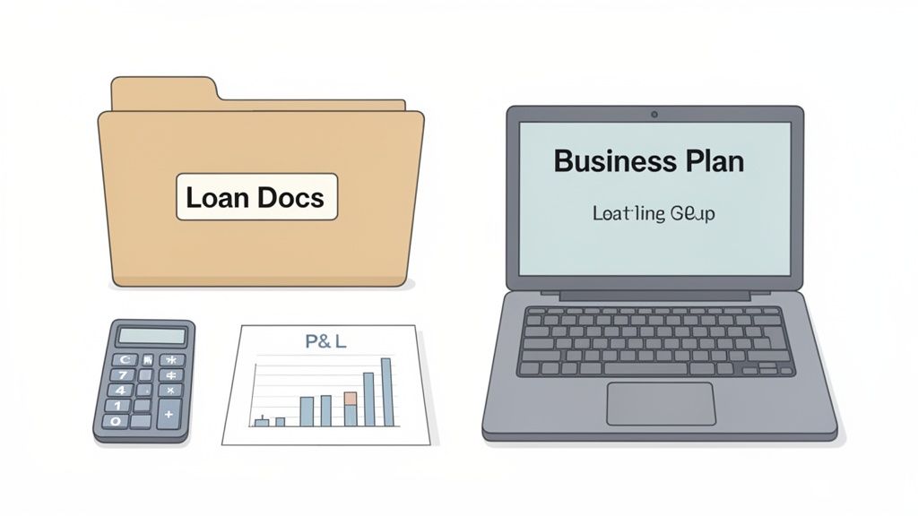 A laptop displaying a business plan, a folder with loan documents, a calculator, and a P&L chart.