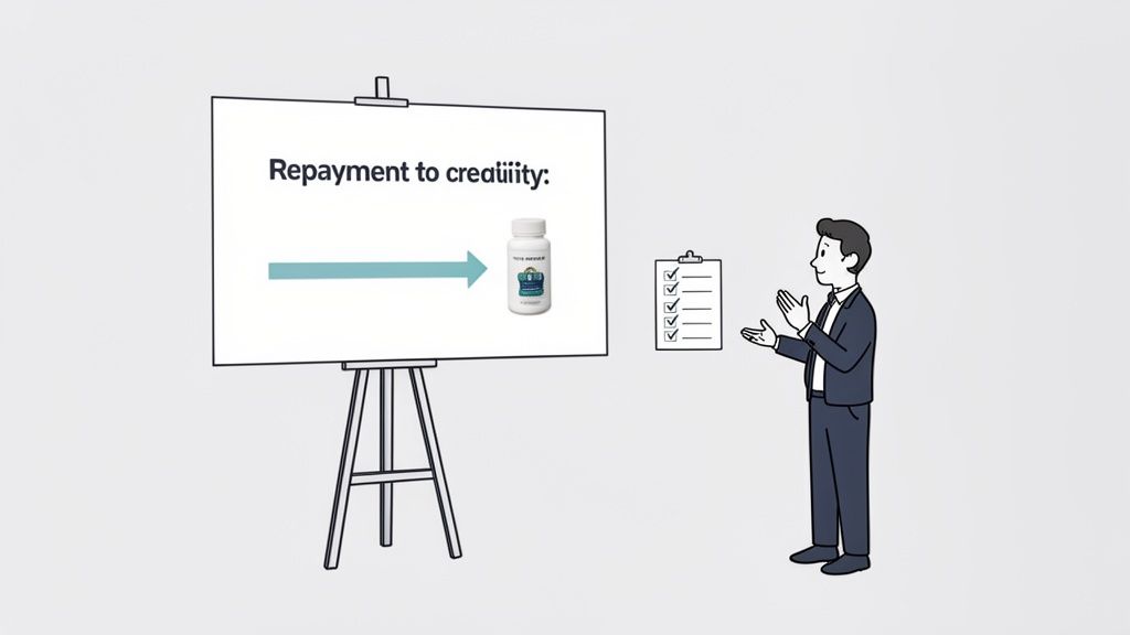 A cartoon man in a suit explains credit repayment on a whiteboard with an arrow pointing to a pill bottle and a checklist.