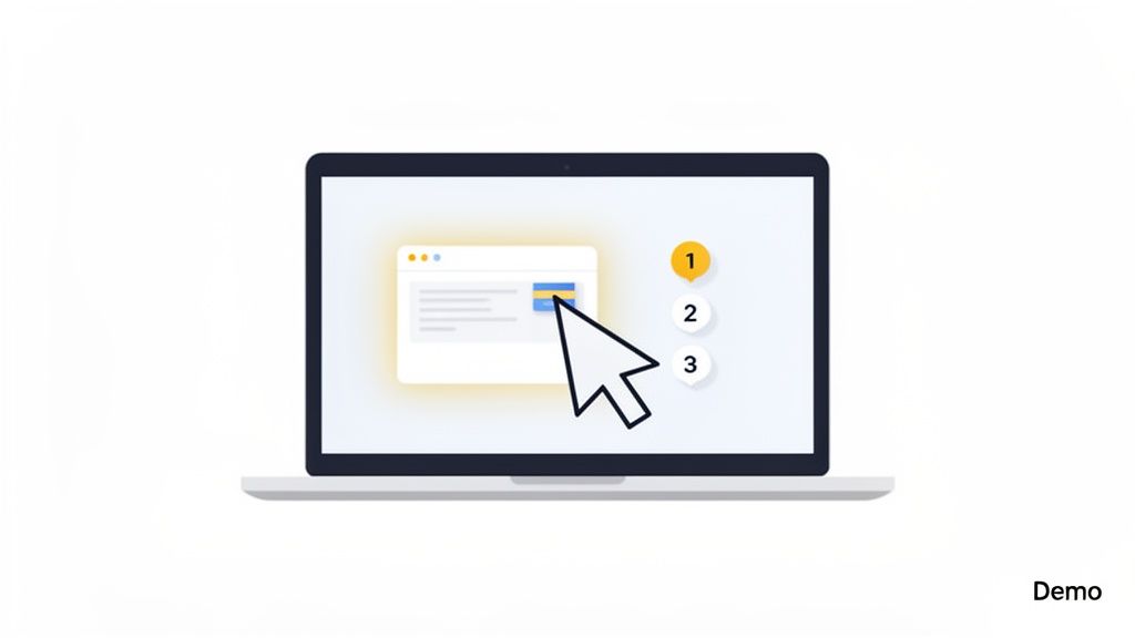 A laptop displaying a software demo with a mouse cursor selecting a highlighted UI element and numbered steps.