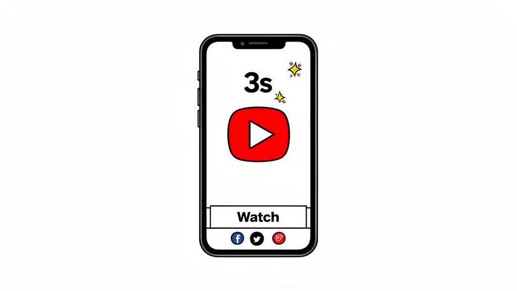 A smartphone screen displays a 3-second YouTube video with watch button and share icons.