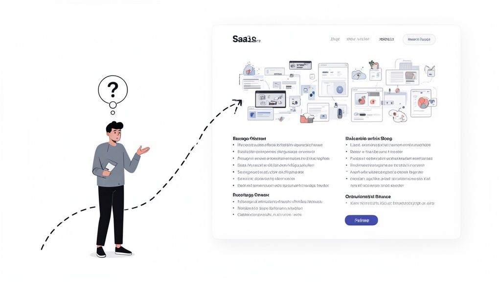 Illustration of a man pondering, connected by an arrow to a SaaS product explainer interface.