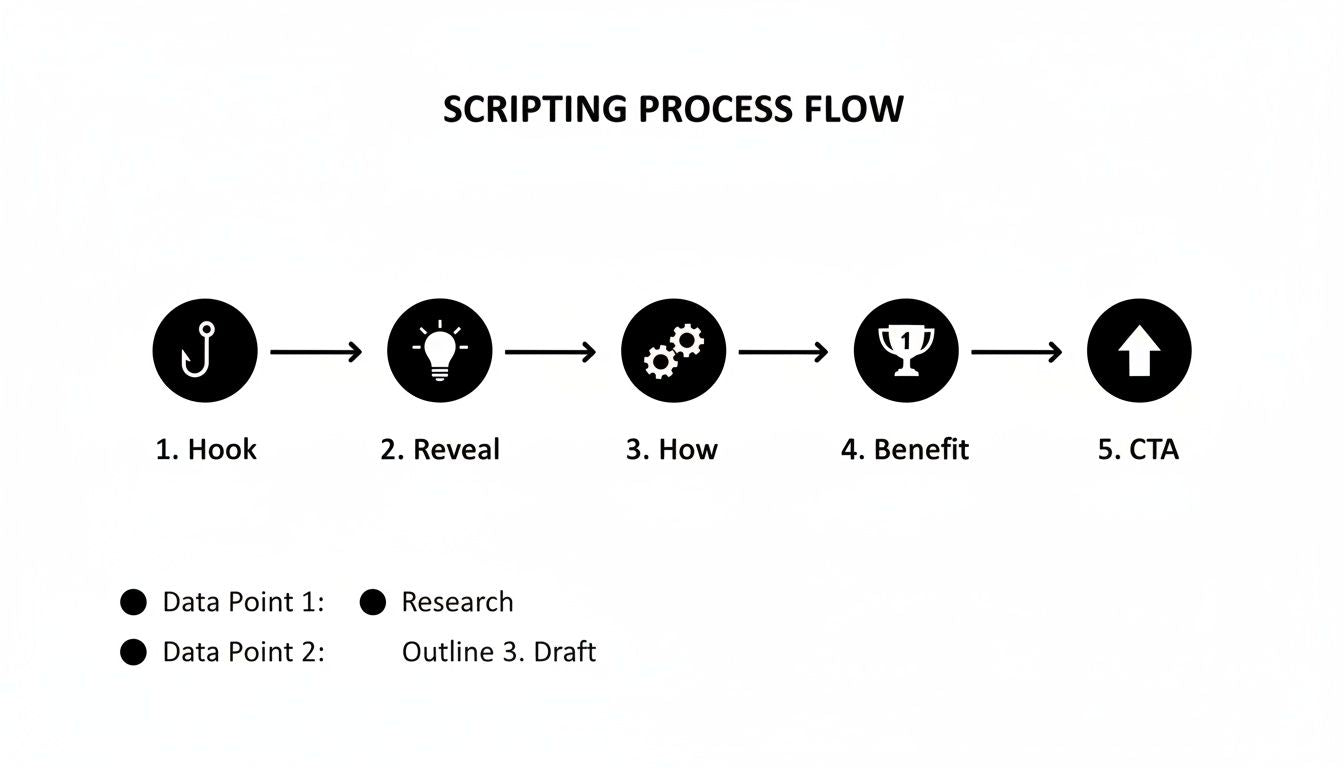 A scripting process flow diagram illustrating five steps: Hook, Reveal, How, Benefit, and CTA.