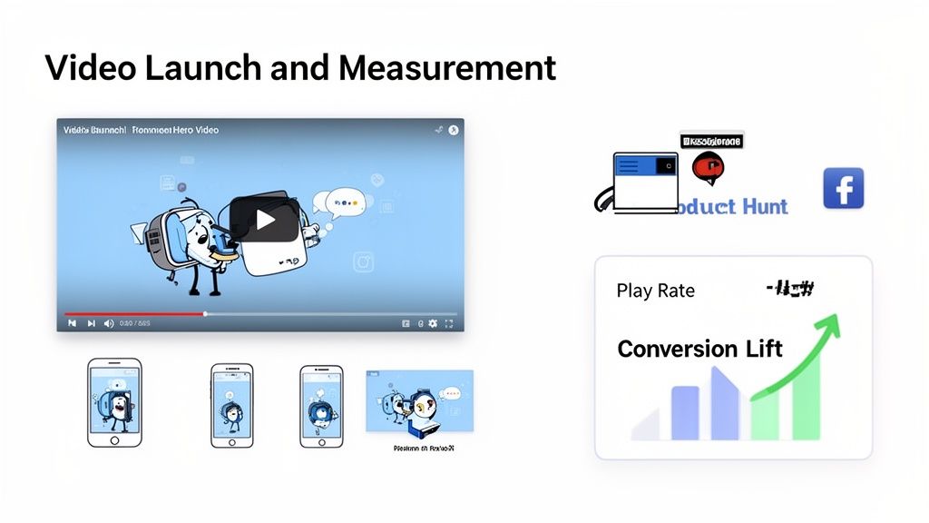 Slide detailing motion graphics explainer video launch, promotion on Product Hunt, and conversion lift measurement.