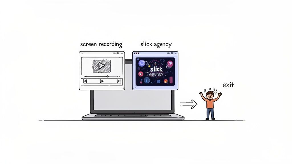 Cartoon showing a frustrated person exiting after struggling with screen recording software on a laptop.