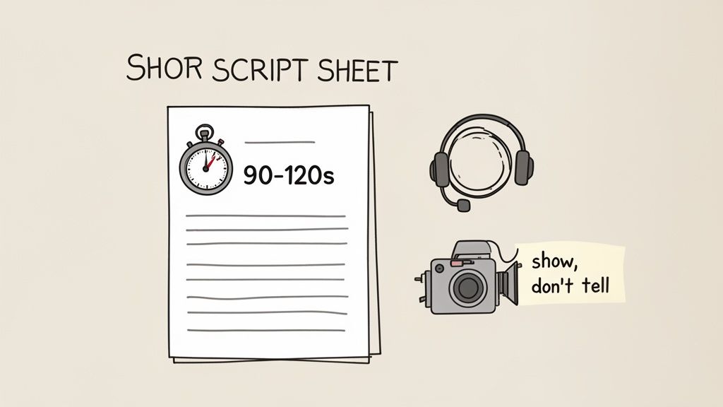 An illustration of a short script sheet with a 90-120 second timer, headphones, and a camera, for video production.
