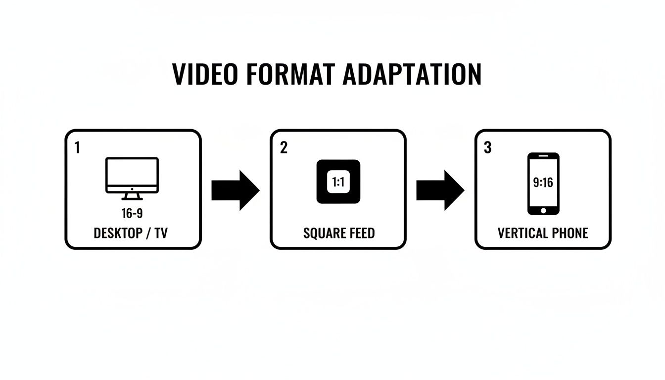Diagram illustrating video format adaptation across desktop (16:9), square feed (1:1), and vertical phone (9:16) aspect ratios.