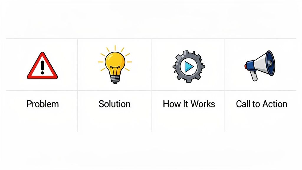 Visual steps of a marketing strategy, featuring icons for problem, solution, how it works, and call to action.