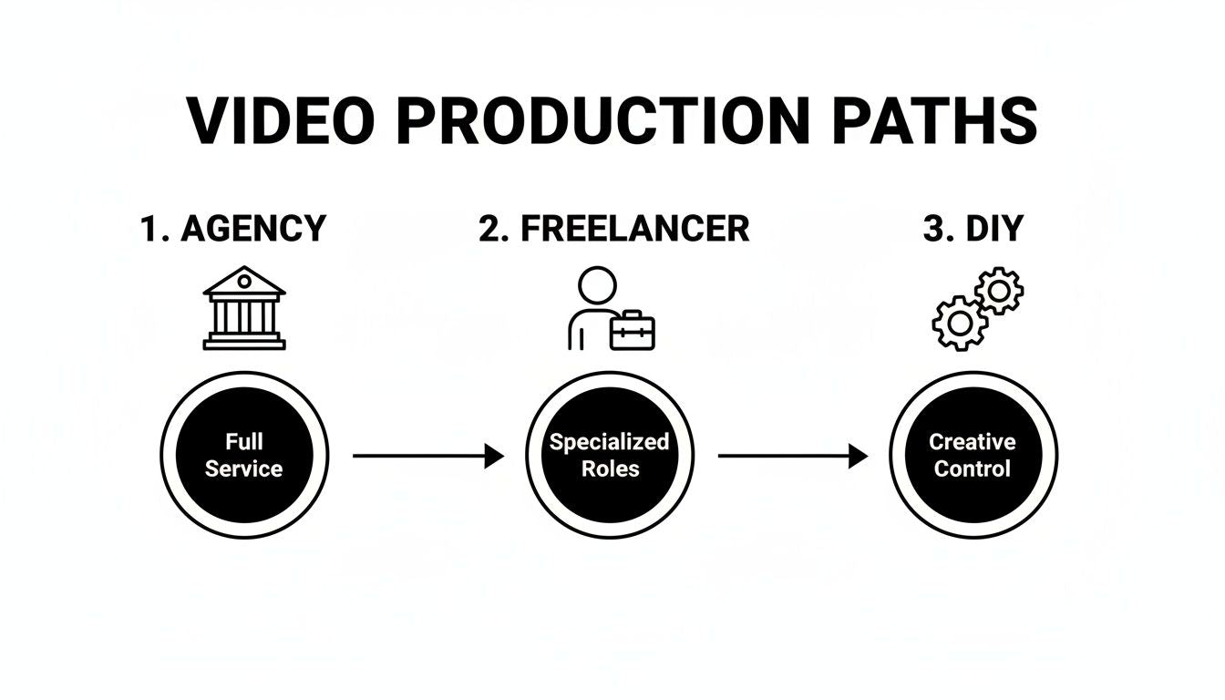 Common production paths: agency, freelancers, and DIY tools.