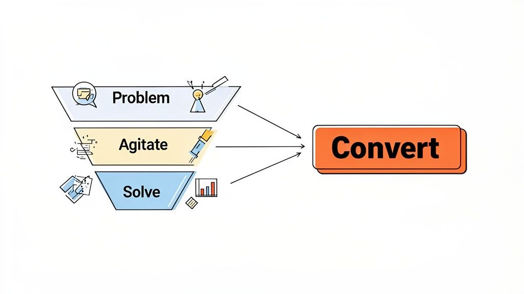 A marketing funnel showing steps: Problem, Agitate, Solve, all leading to Convert.
