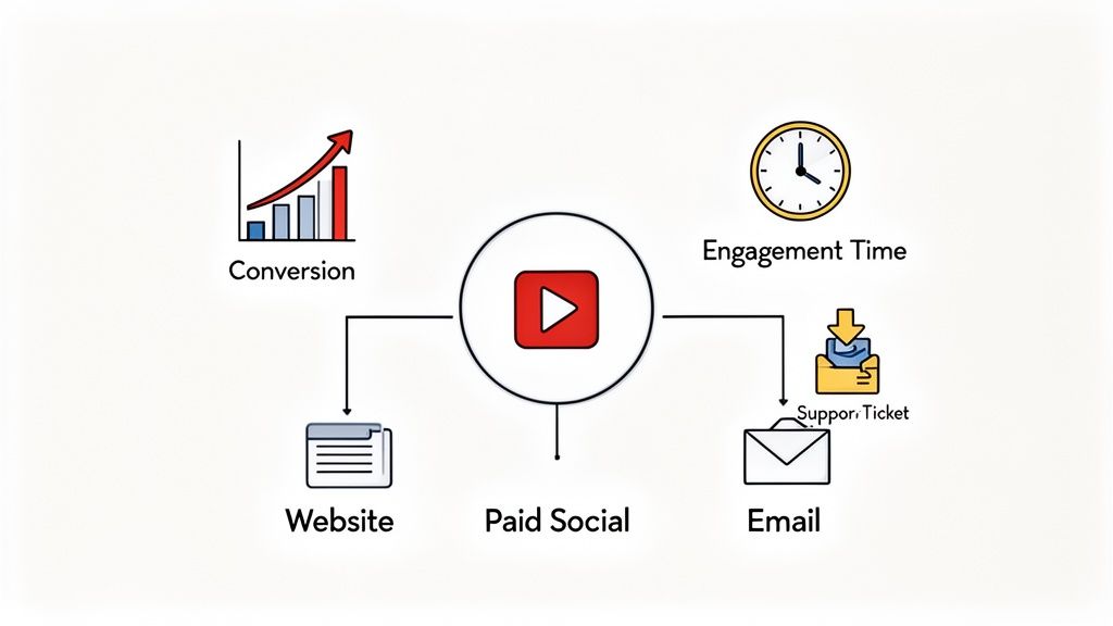 Diagram showing a central YouTube video icon connecting to conversion, engagement time, website, paid social, and email with support tickets.