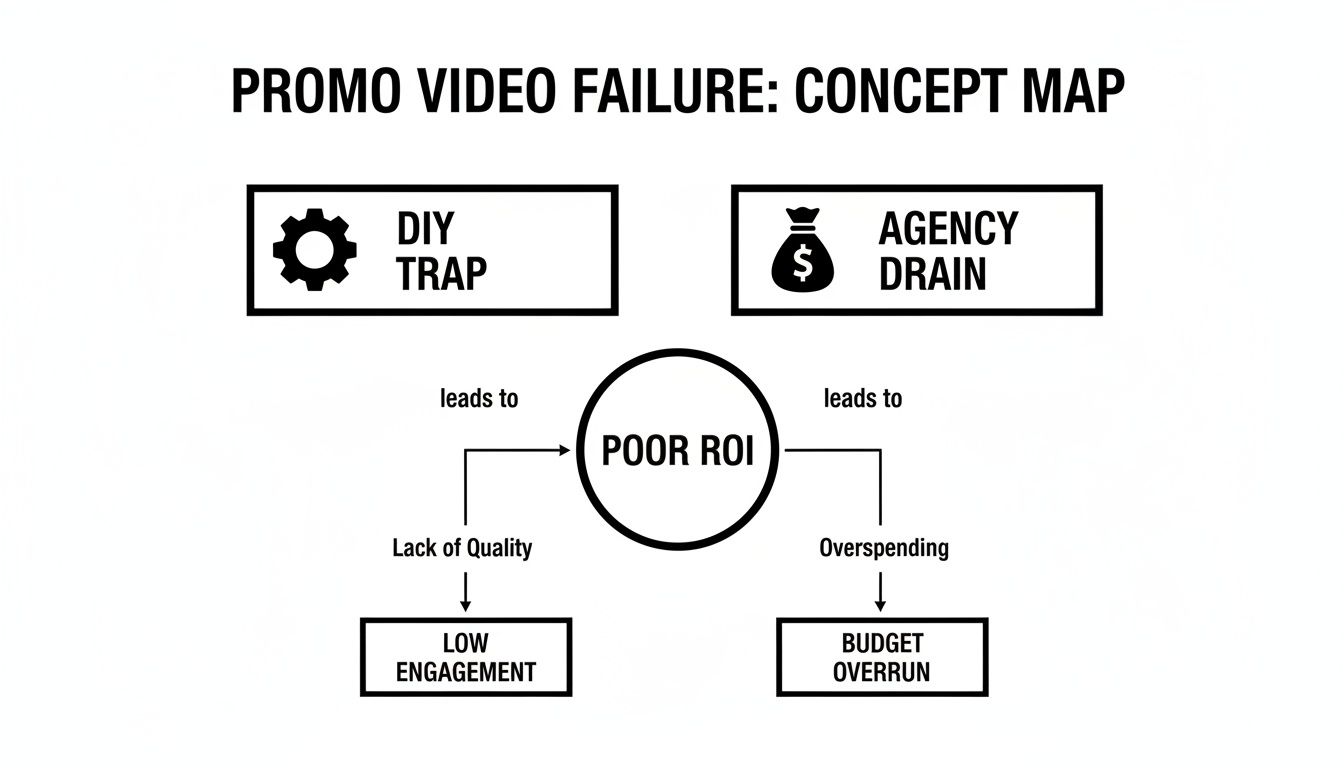 Concept map illustrating causes of promotional video failure: DIY trap and agency drain lead to poor ROI.