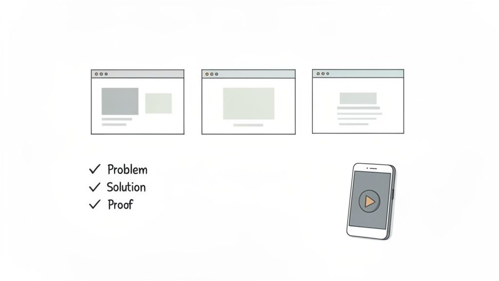 Illustration of web layouts, a marketing checklist with problem, solution, proof, and a phone playing a video.