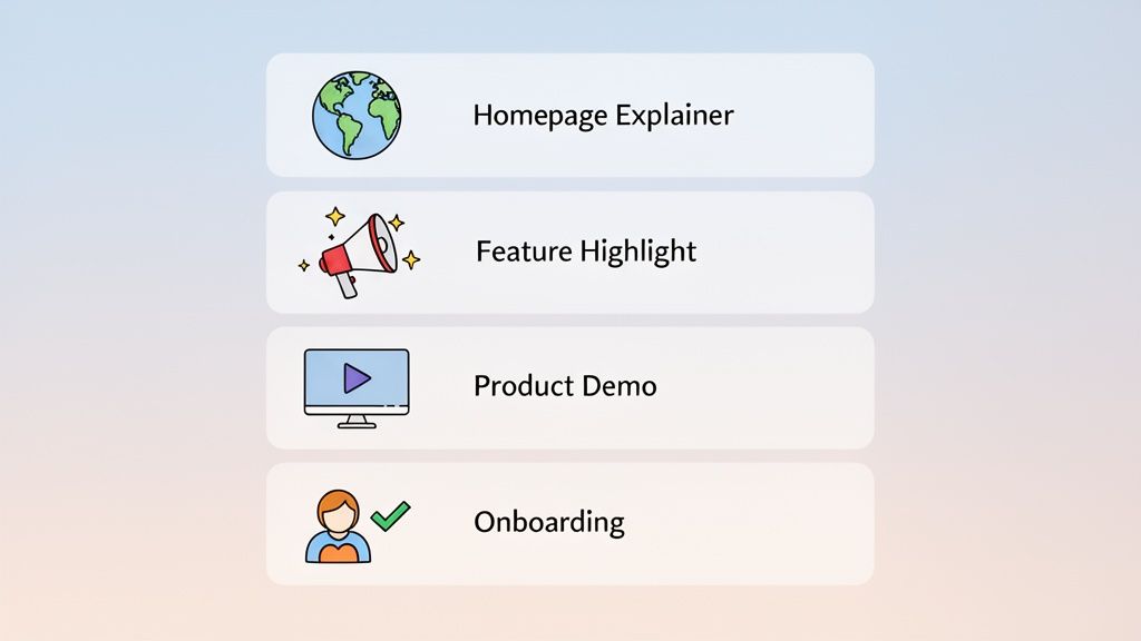A list of four types of videos: Homepage Explainer, Feature Highlight, Product Demo, and Onboarding, each with an icon.