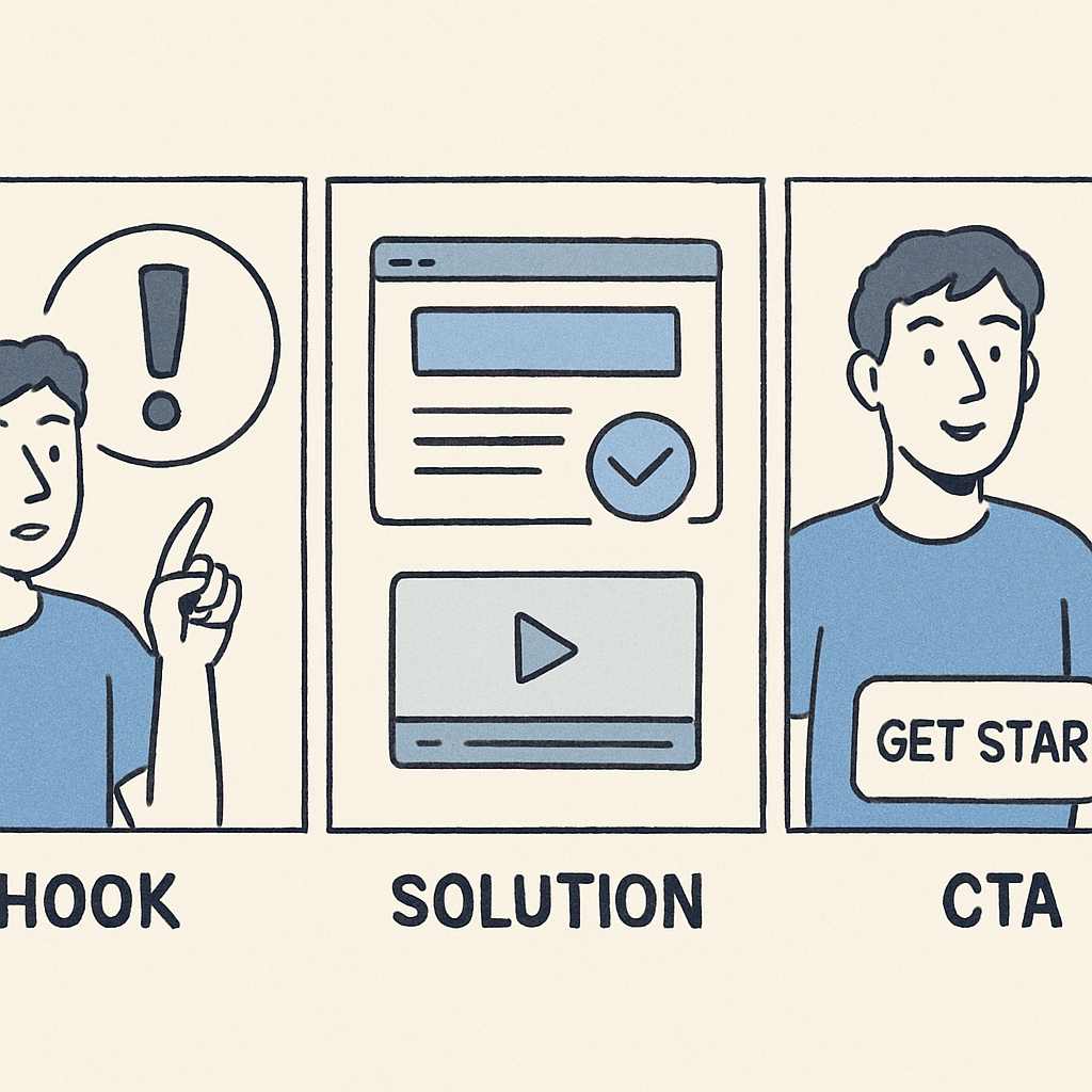 A storyboard layout showing three short product tour clips side‑by‑side, each labeled Hook, Solution, and CTA. Alt: Video marketing examples storyboard illustration.