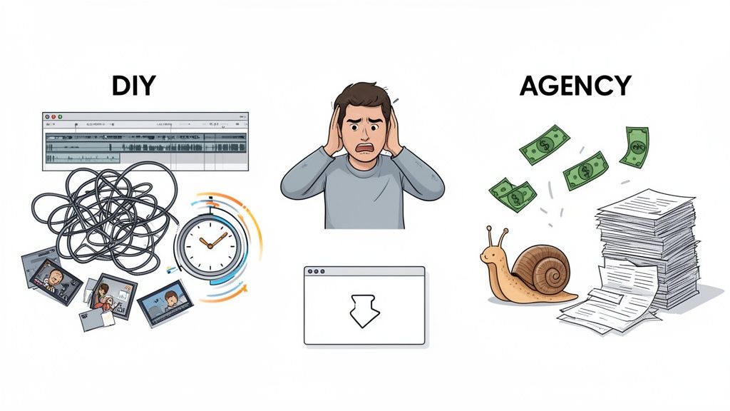 Illustration comparing DIY video challenges like time and complexity with agency issues like cost and slowness.