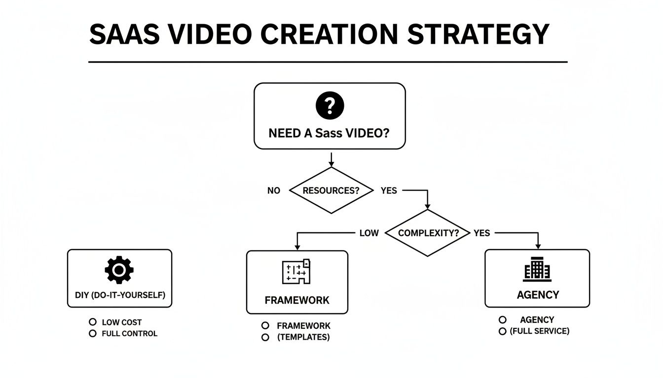 A flowchart illustrating a SaaS video creation strategy based on resources and project complexity.