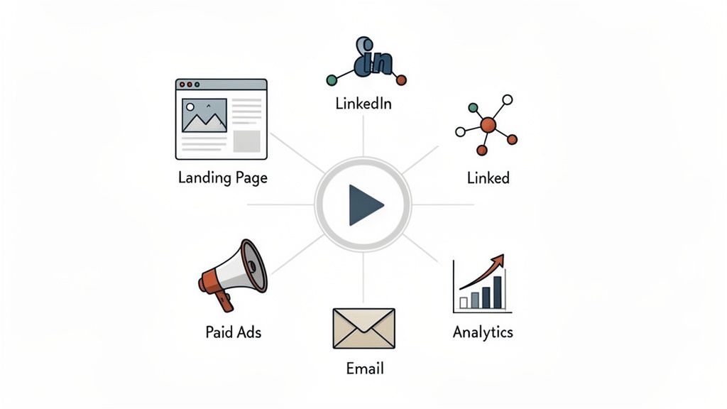 Diagram showing various digital marketing channels like landing page, LinkedIn, paid ads, email, and analytics around a central video player.